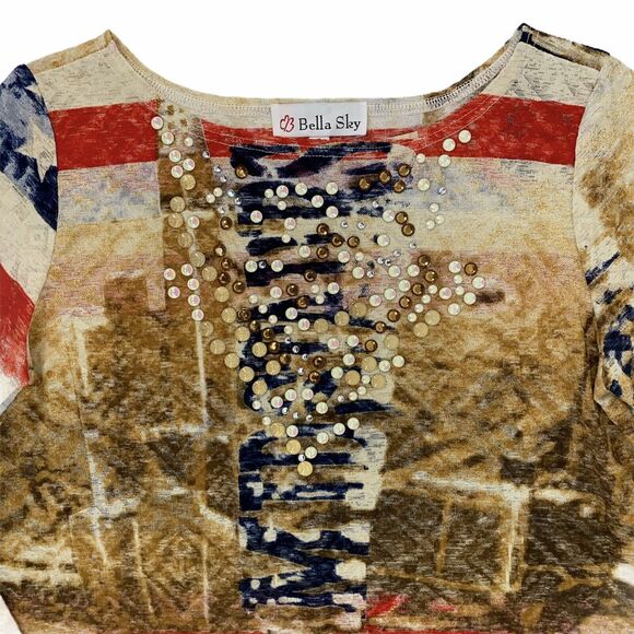 Bella Sky Asymmetrical Flag Print Studded Semi Sheer 3/4 Sleeve Top Size Small - Picture 2 of 8